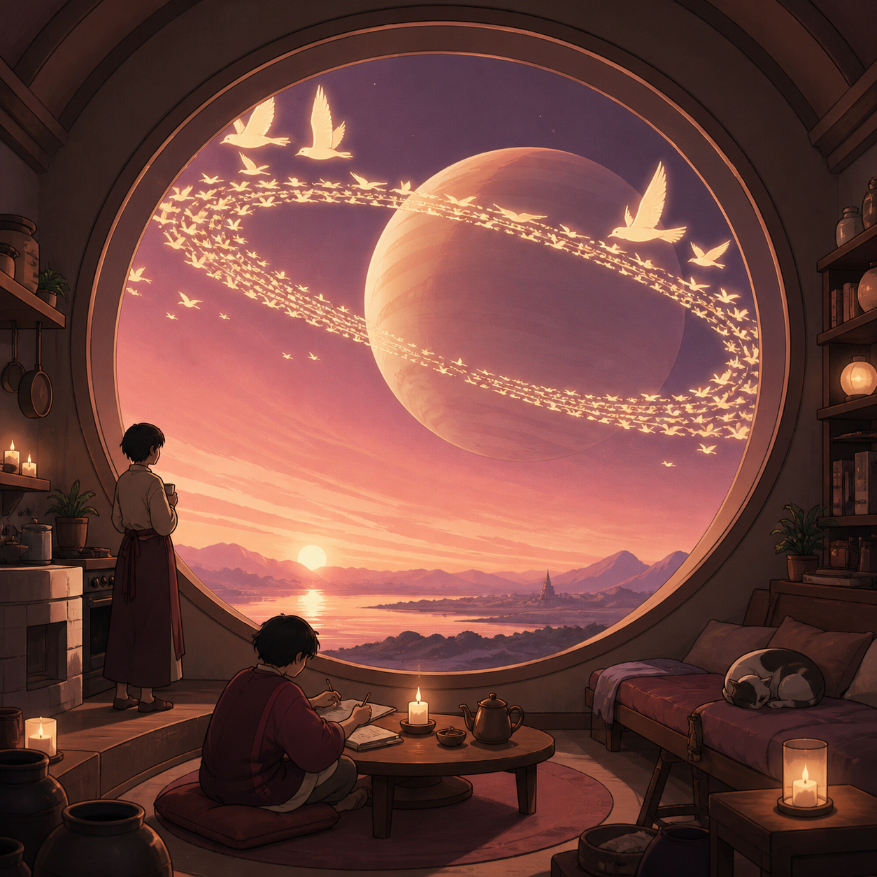 A ringed planet whose rings are made from migrating luminous birds, seen during an impossible sunrise with intimate signs of daily life. Graphic celestial composition organized around a bold circular form. Muted rose, pa