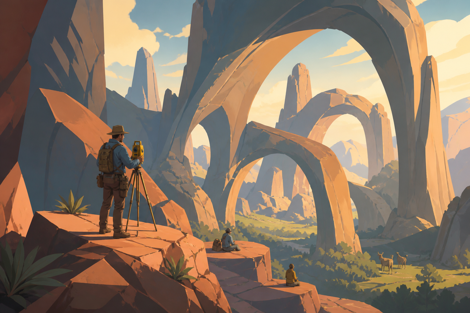 An adult surveyor measuring a forest of enormous smooth stone arches, at the first unobstructed view of the expedition's destination. Vertical ascent composition with several clear resting points. Clay red, sage, faded d