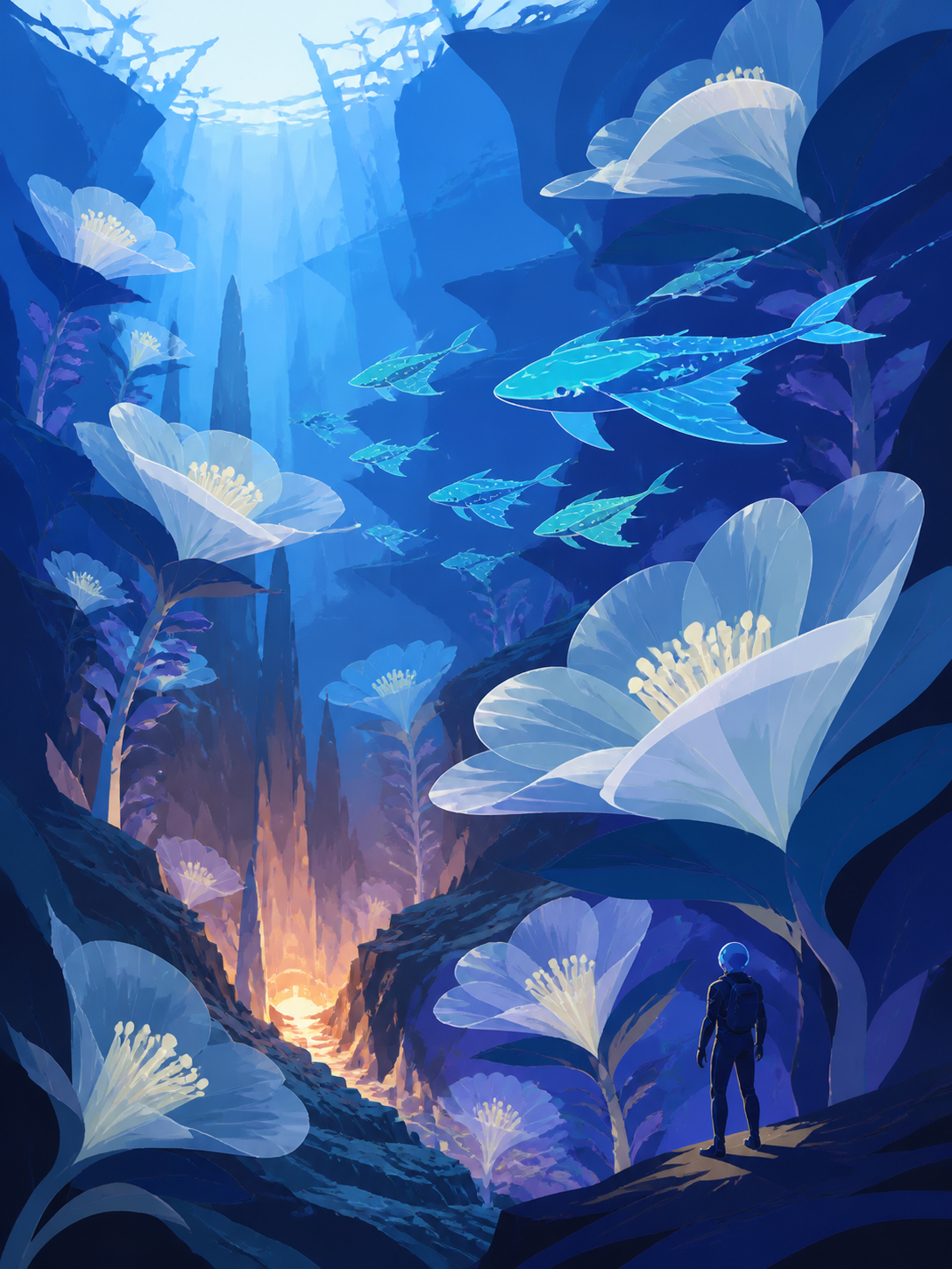 A garden of enormous translucent flowers growing around a warm volcanic vent, as a migration of unfamiliar luminous animals passes through. Wide underwater vista with light guiding the eye through multiple depths. Ultram