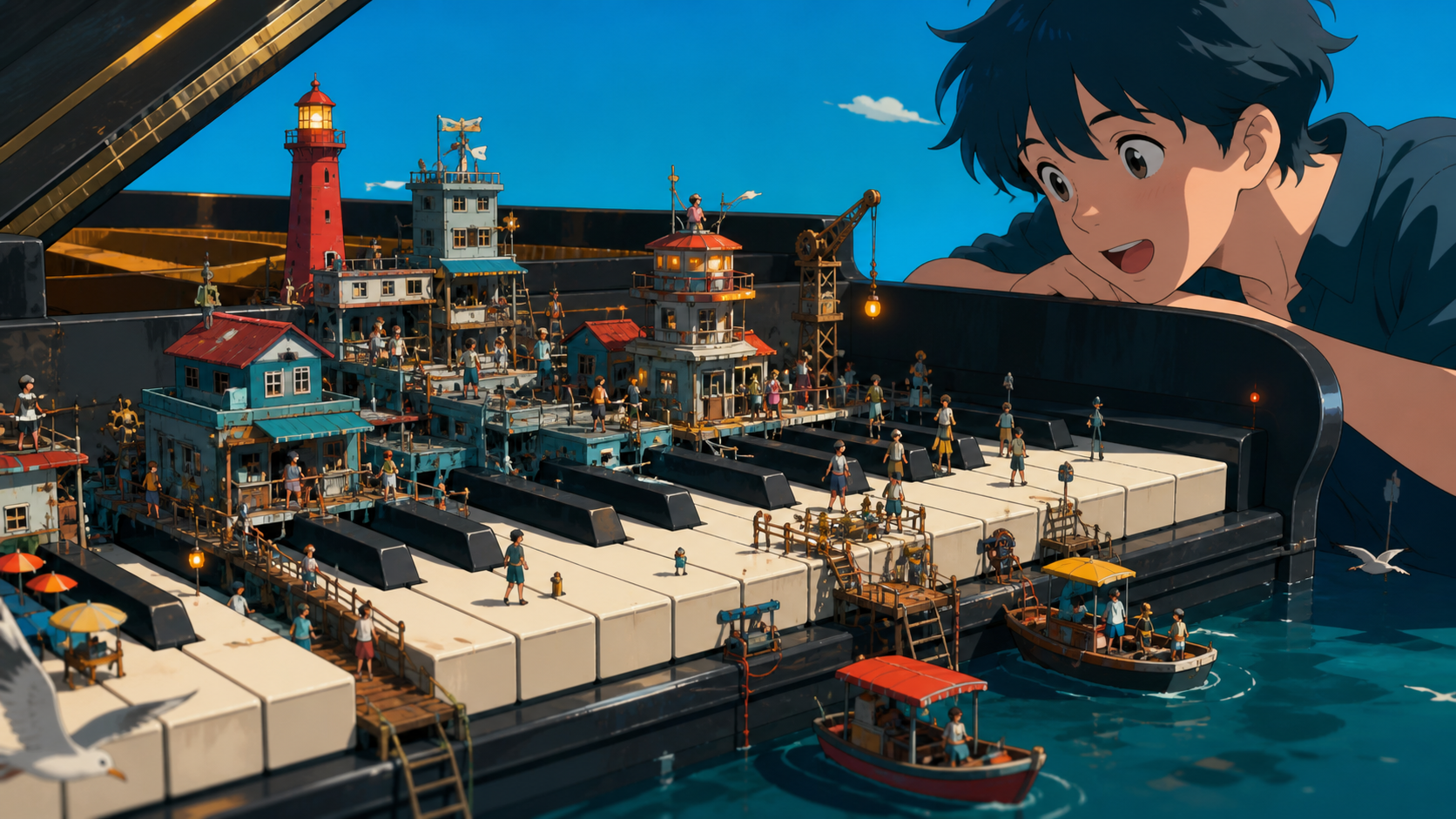 A tiny seaside city built across the keys of a grand piano, in clear daylight so scale relationships remain immediately readable. Epic wide frame contrasting tiny civilization with one giant object. Petrol blue, oxide re