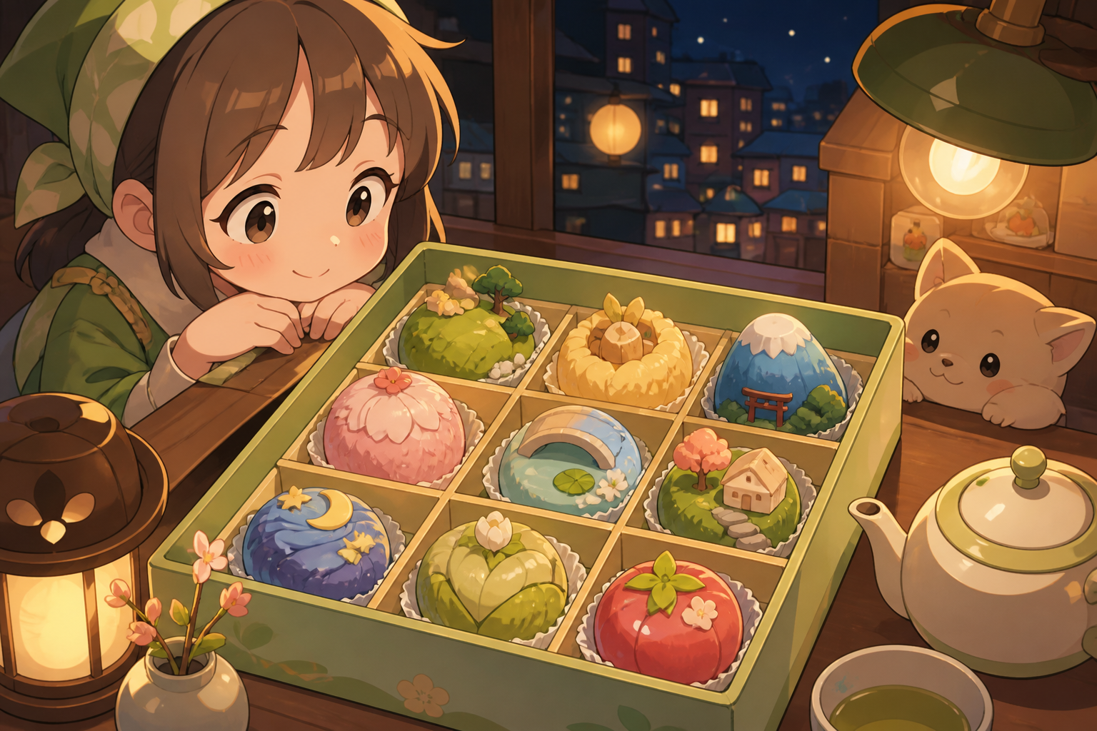 A jewel-like box of seasonal wagashi shaped as miniature fantasy landscapes, lit for a magical late-night café menu without any written text. Intimate close-up with shallow depth and layered foreground details. Soft pist
