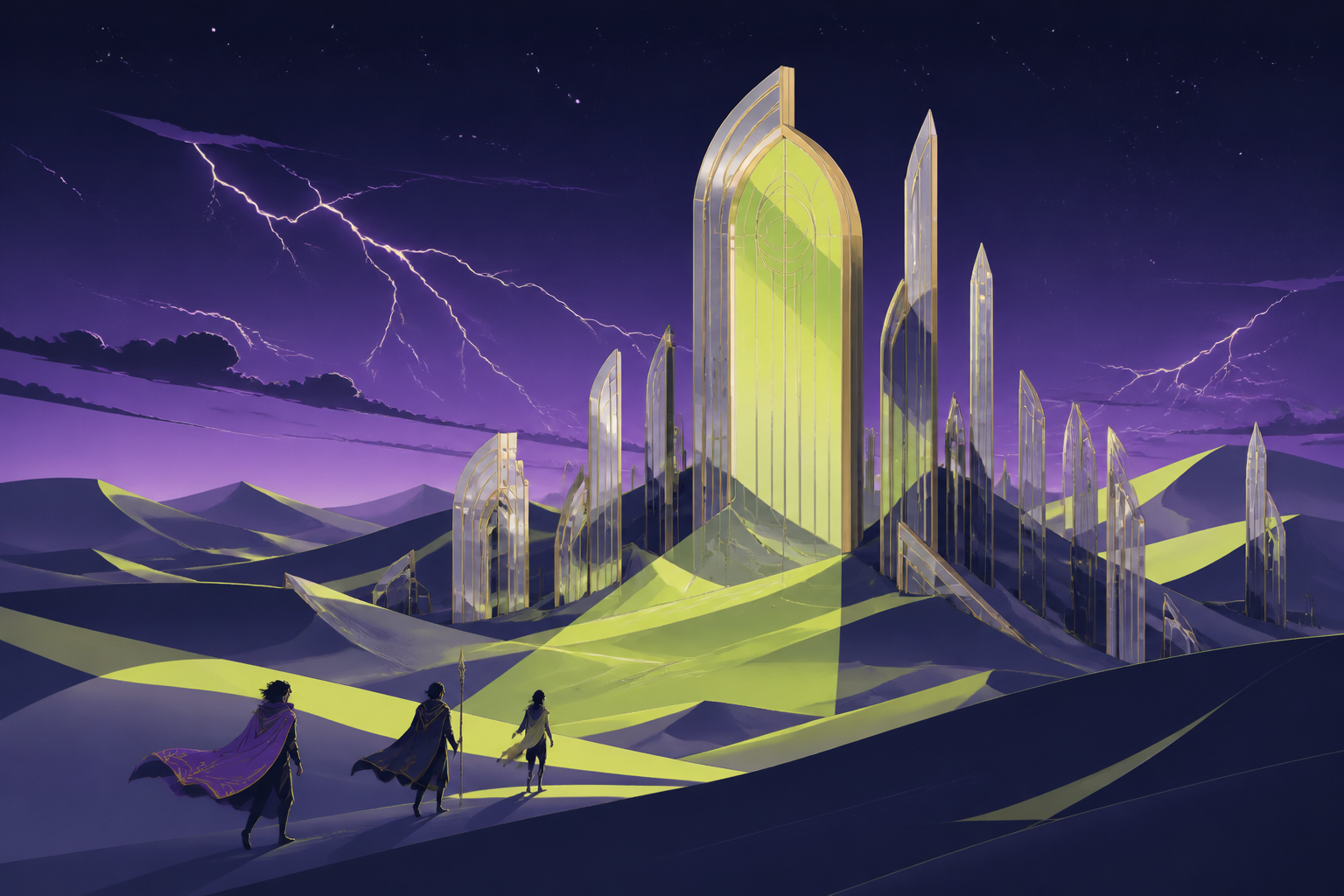 A glass ruin emerging from dunes after a rare electric storm, seen in the blue hour when heat gives way to starlight. Extreme wide landscape with a small but readable journey crossing it. Acid lime, ultraviolet, matte na