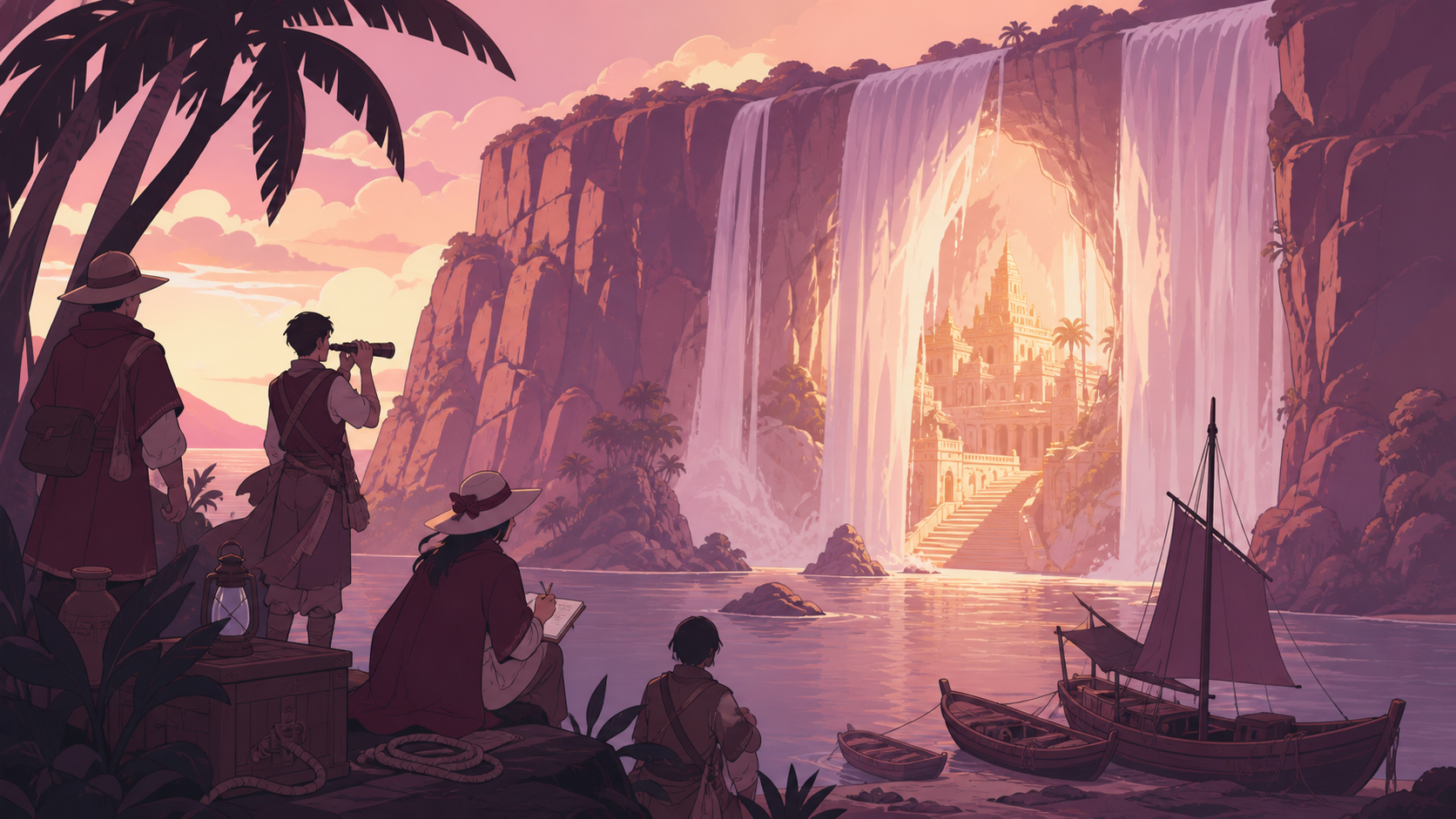 An expedition discovering a bright temple concealed behind a wide waterfall, during careful exploration centered on observation rather than conquest. Elevated coastal composition balancing settlement, water, and landmark
