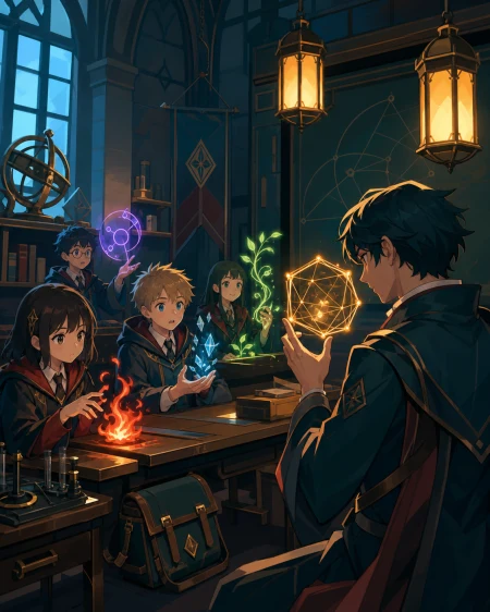 A class where each student's harmless magic appears differently, during age-appropriate learning with clear supervision. Intimate teacher-student frame with the magical problem vis