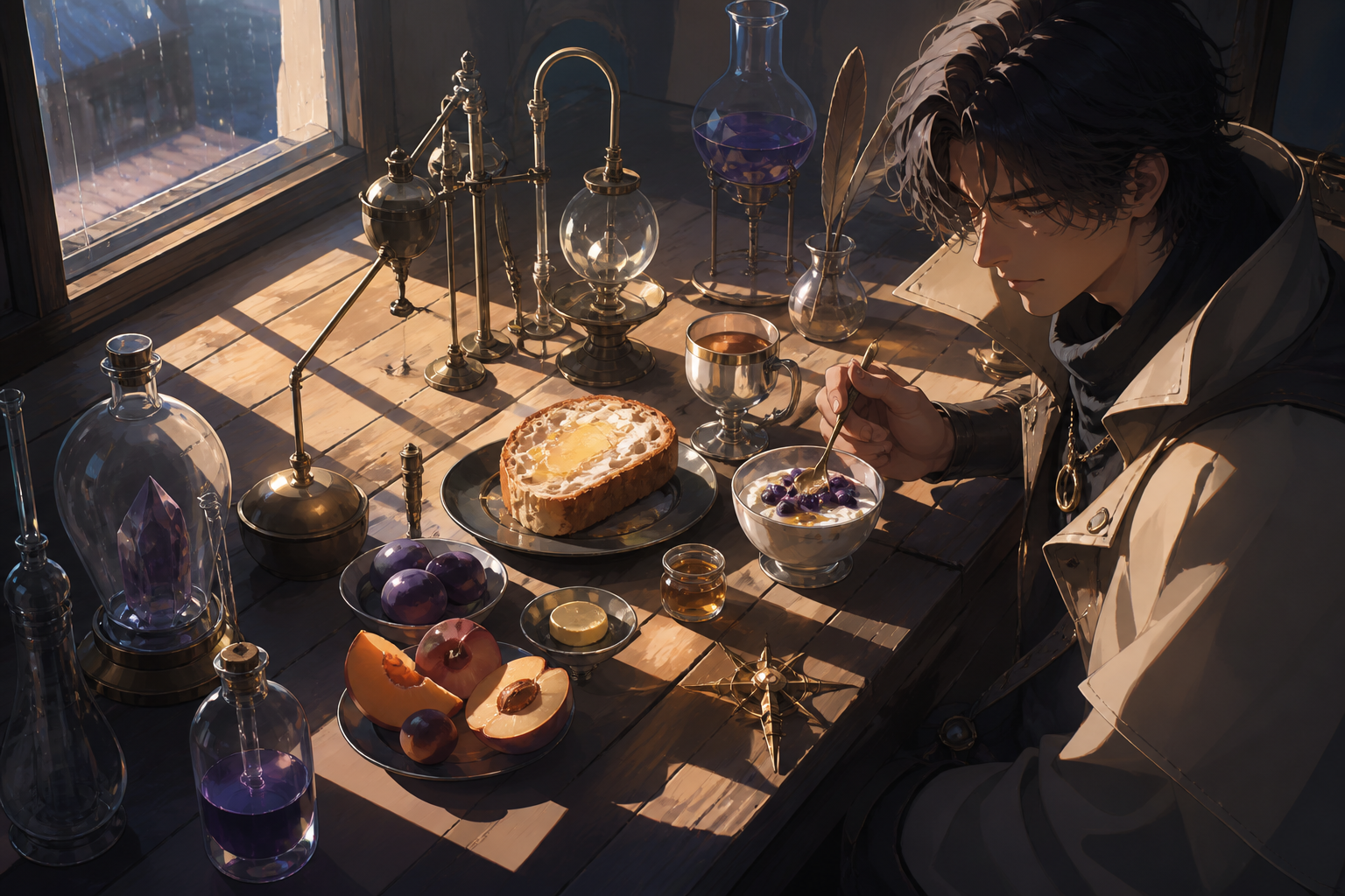 A traveling alchemist's breakfast arranged among curious glass instruments, arranged on a worn wooden counter beside a rain-streaked window. Carefully composed tabletop still life viewed slightly from above. Sun-bleached