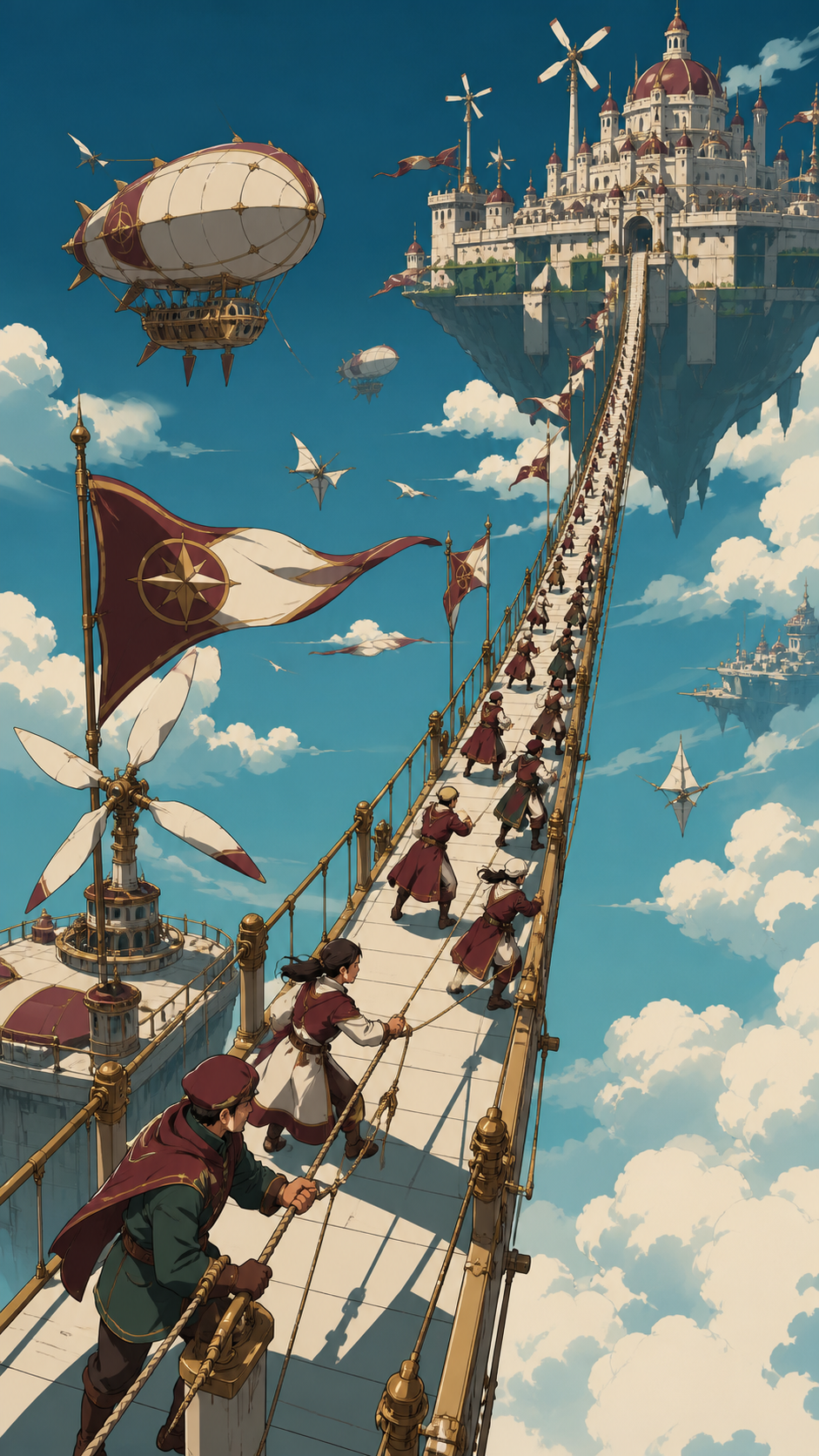 An impossibly long pedestrian bridge connecting two moving sky kingdoms, as changing winds force inhabitants into a practiced communal response. Sweeping aerial panorama with a strong route across the frame. Burgundy, mi