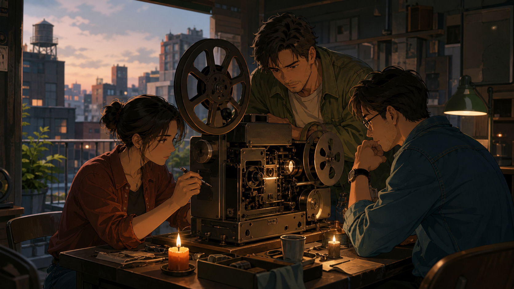 Three adult friends repairing an old rooftop cinema projector, during a quiet weekday hour when the city briefly feels private. Observational street-level frame with foreground movement and a clear focal story. Clay red,