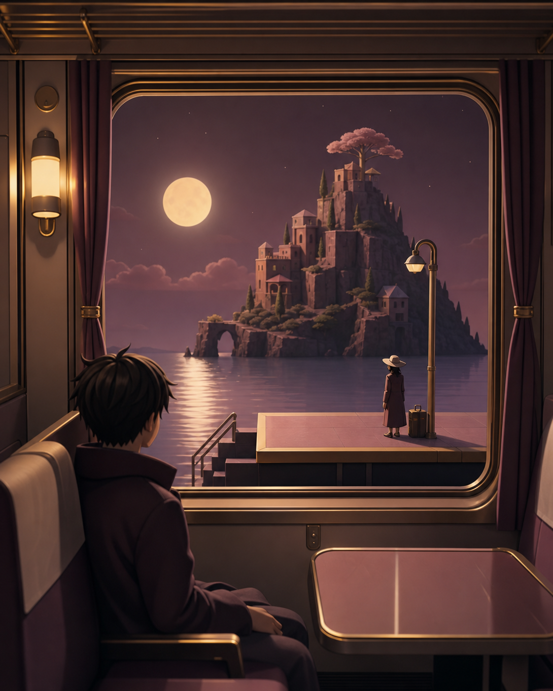 A lone traveler waking as the train passes an impossible island, at a tiny platform where only one passenger is waiting. View across the carriage toward a large landscape-filled window. Muted rose, parchment, muted plum,