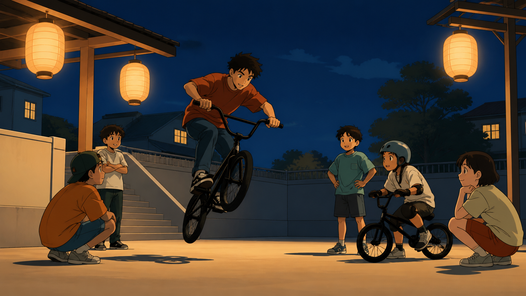 A BMX rider teaching neighborhood children a simple balance trick, on a bright weekend afternoon with ample safe open space. Low wide frame emphasizing the complete motion and landing area. Moonlit indigo, oxidized coppe