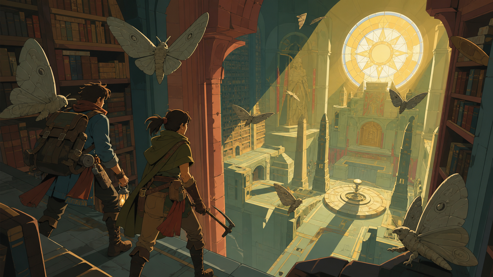 Two treasure hunters navigating a library patrolled by stone moths, at the first reveal of a spectacular unexplored chamber. Wide party tableau that makes the environment feel explorable. Clay red, sage, faded denim, and