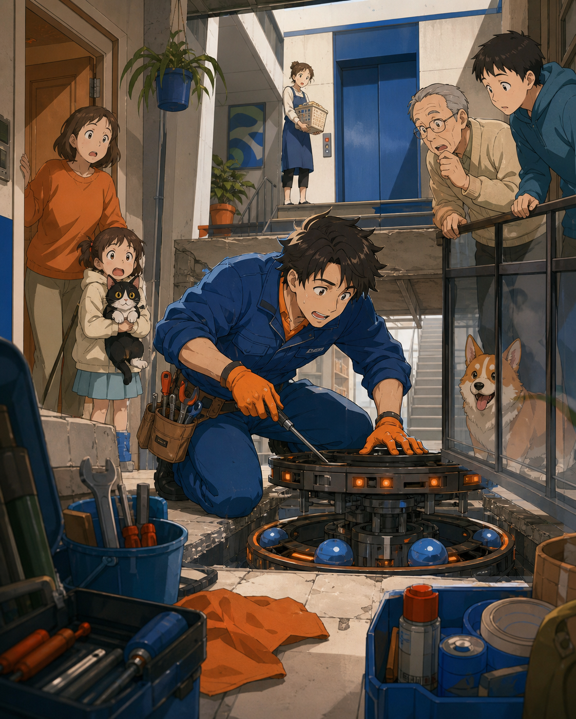 An apartment superintendent repairing a localized gravity failure between two floors, during a minor complication solved through practical skill rather than spectacle. Counter-level composition framed by tools and waitin