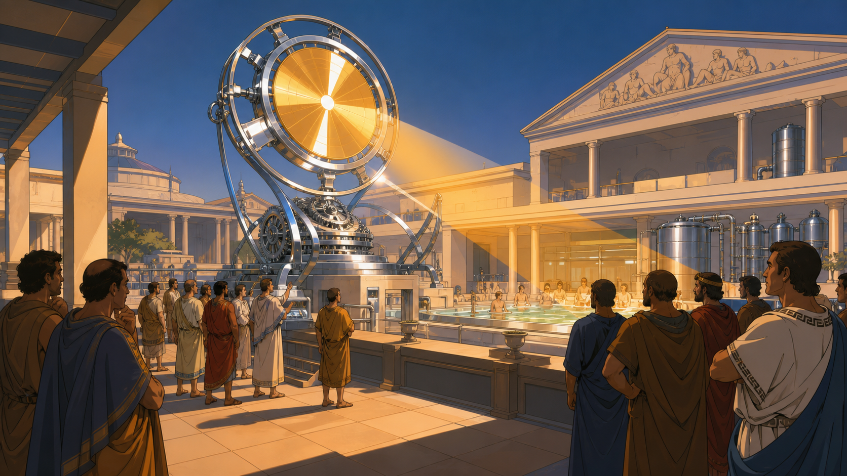 An ancient public bathhouse powered by a precise mechanical sun, during a public demonstration attended by skeptical adults. Wide period street scene centered on the alternate technology in use. Sun-bleached peach, deser