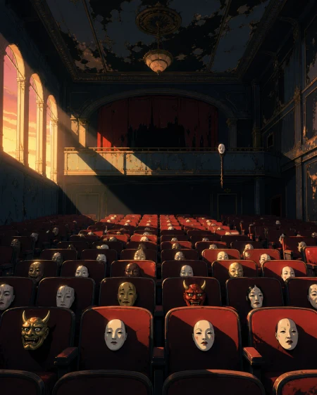 An abandoned theater where every empty seat holds a different porcelain mask, quiet and beautiful enough to invite curiosity despite the unease. Still symmetrical frame disturbed b