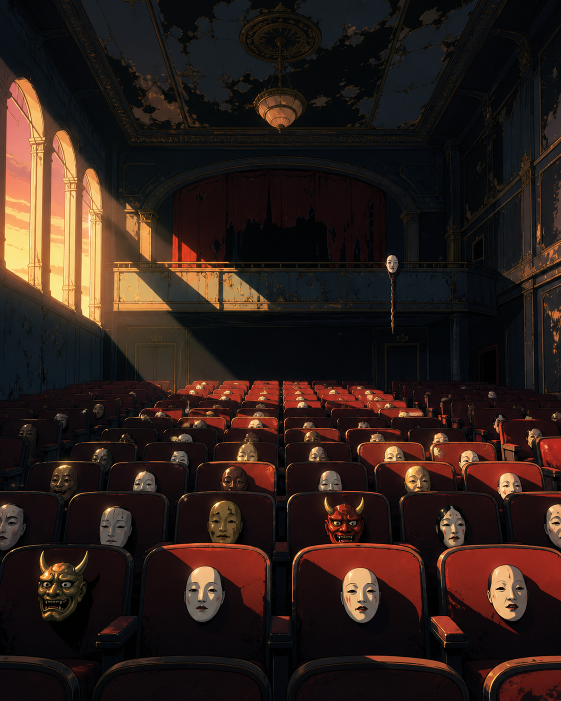 An abandoned theater where every empty seat holds a different porcelain mask, quiet and beautiful enough to invite curiosity despite the unease. Still symmetrical frame disturbed by one small impossible detail. Pine blac