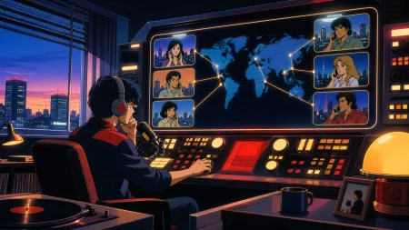 A late-night radio host receiving calls from listeners in alternate cities, with regular customers treating the impossible feature as normal. Nostalgic room-wide frame organized ar