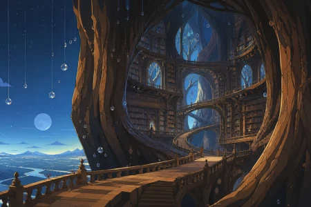 A vast library grown inside the hollow trunk of a world tree, during gentle rainfall that turns into floating glass beads. Epic establishing shot with a clear visual path into the 