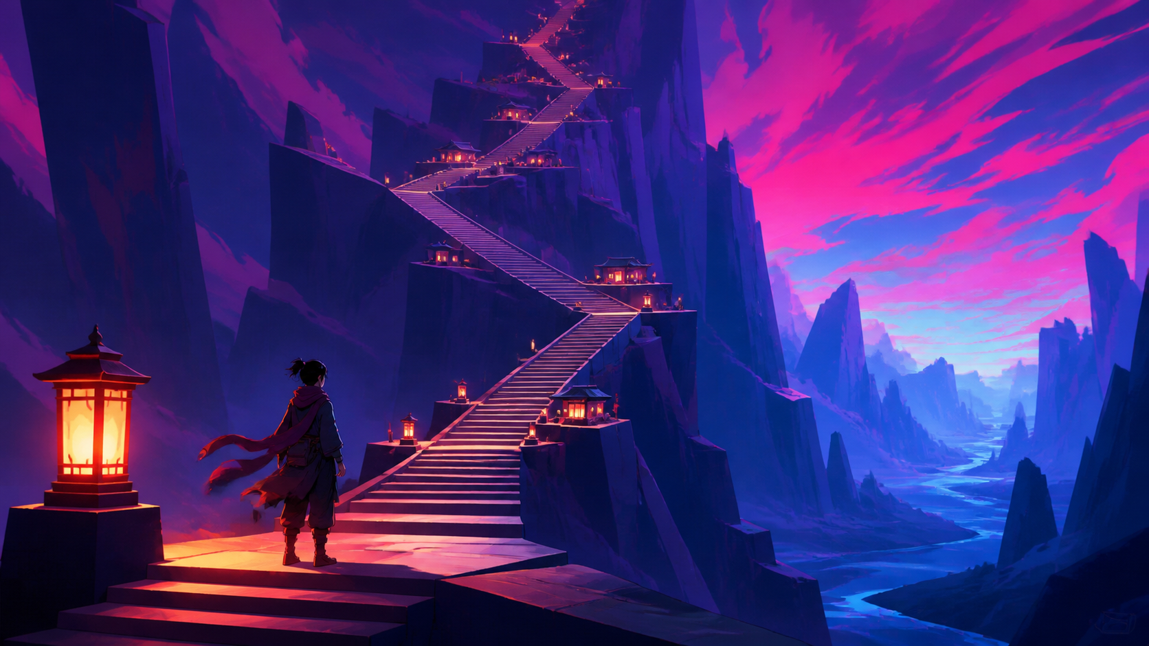A valley crossed by an endless staircase whose landings contain tiny homes, with a single journey providing a visual path through the scene. Extreme wide view organized around one unforgettable silhouette. Saturated mage