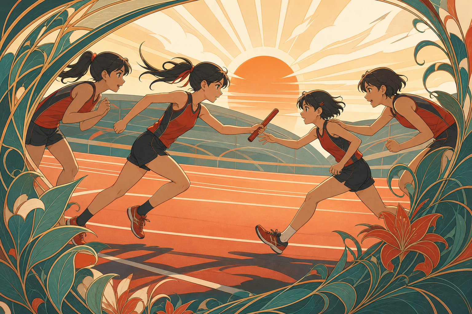 A school relay team coordinating the final baton pass, as teammates encourage the least experienced participant. Side-on sports frame preserving accurate body mechanics. Vermillion, charcoal, warm ivory, and weathered te