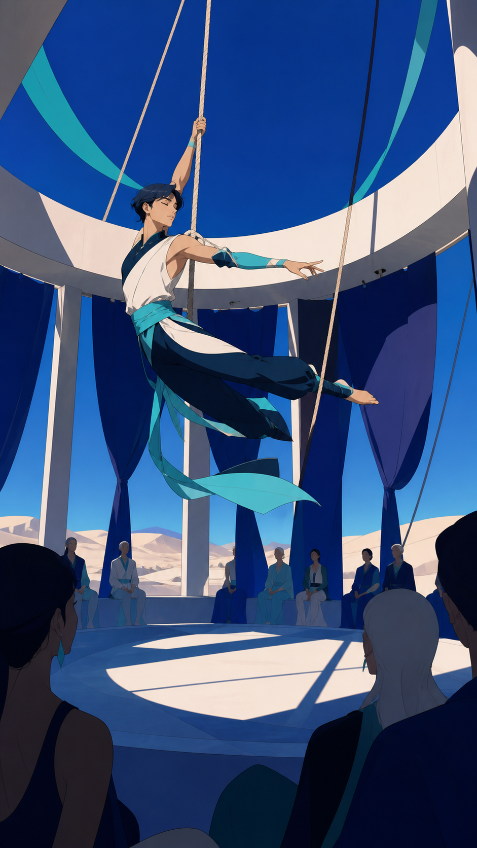 An acrobat performing above a quiet audience in a circular desert pavilion, captured at a precise expressive beat rather than the loudest moment. Close audience-level frame with one dancer crossing a strong pool of light