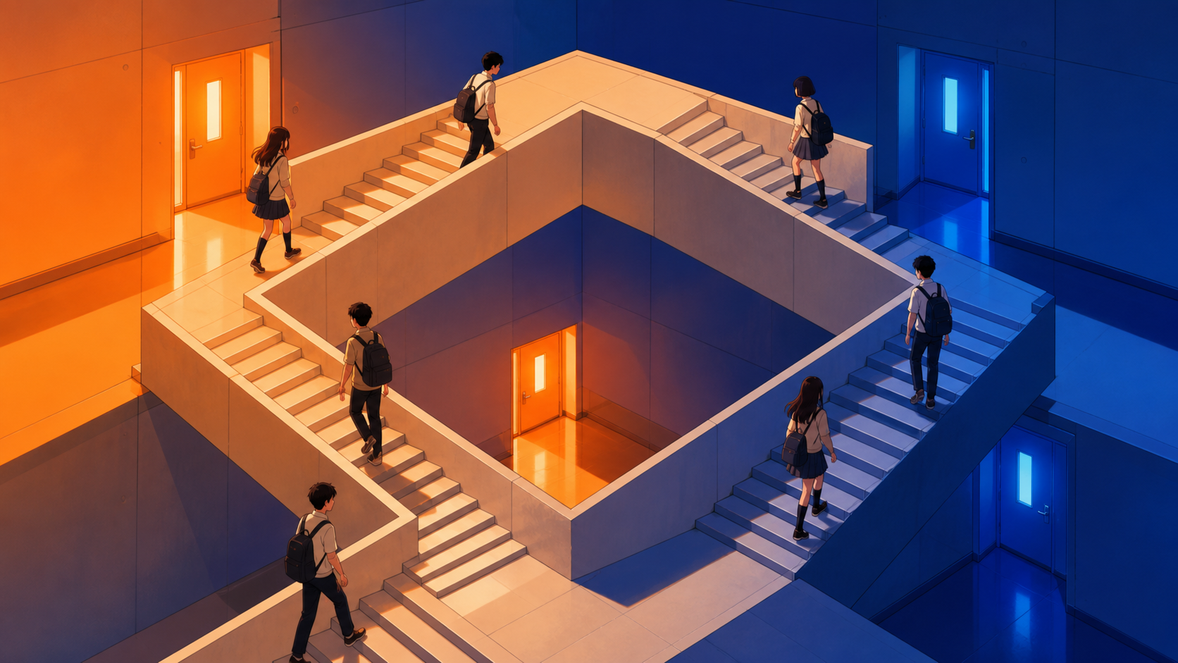 Students walking along several sides of the same school staircase, in bright simple lighting that preserves every major shape. Carefully centered architectural view exposing the complete paradox. Cobalt, persimmon orange