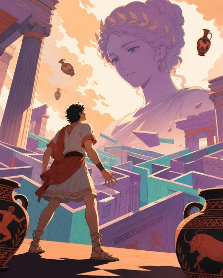 A labyrinth architect discovering that the corridors move each night, at the turning point of an original heroic legend. Heroic wide frame balancing one mortal figure against a col