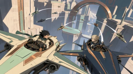 Two rivals sharing the lead as their engines begin to fail, as changing winds force every competitor to choose a different route. Sweeping aerial panorama with racers forming a str