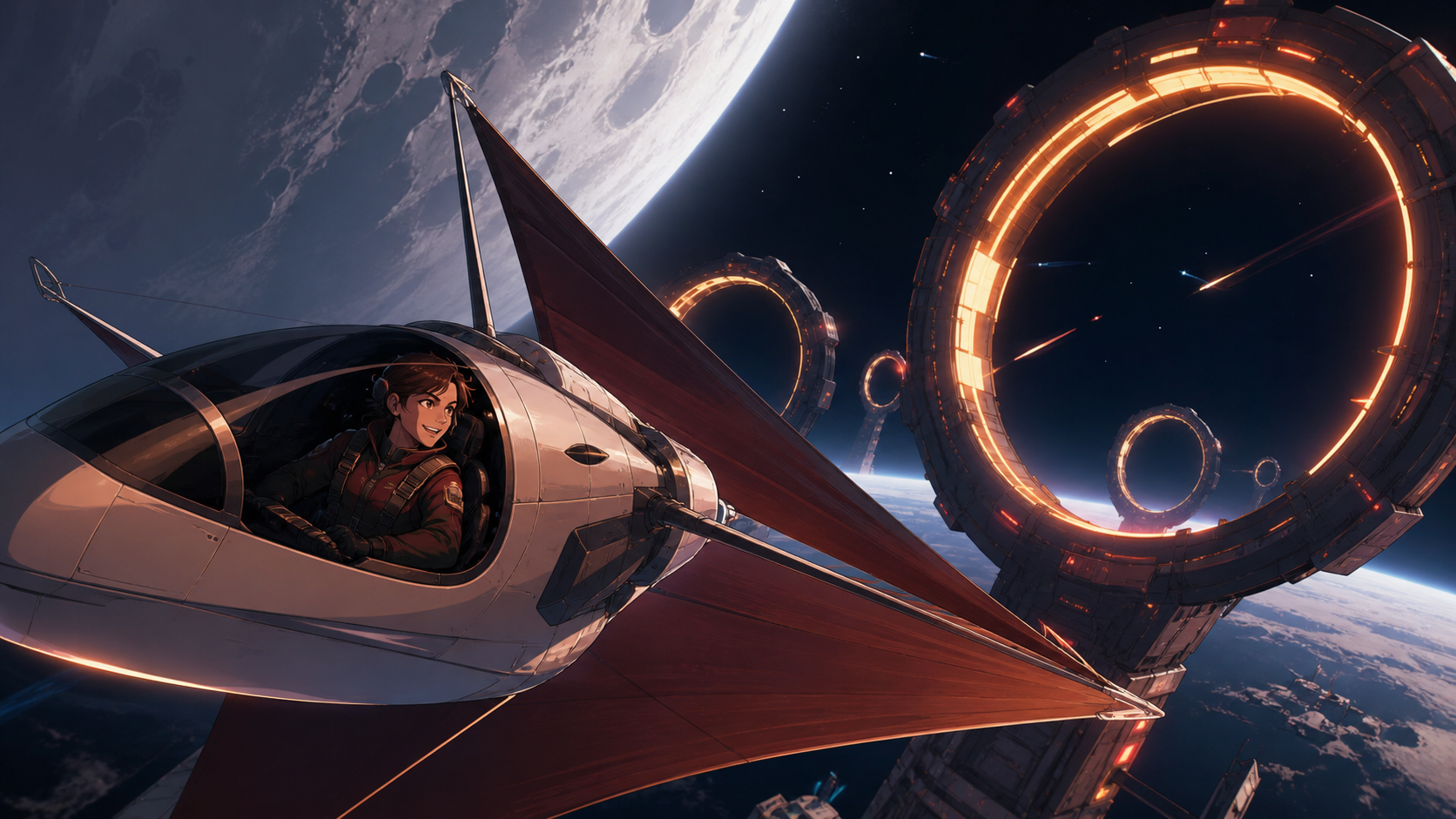A courier racing a compact solar sailer between moving orbital gates, at the threshold between routine procedure and genuine discovery. Expansive orbital composition anchored by one clearly readable vehicle. Pine black, 