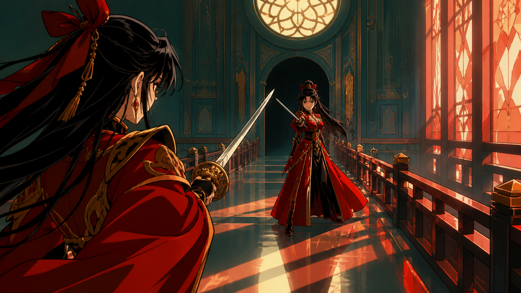 A wandering swordswoman dueling her mirror double on a narrow bridge, during a formal challenge governed by clear ritual. Over-the-shoulder confrontation with the opponent and setting clearly visible. Vermillion, charcoa
