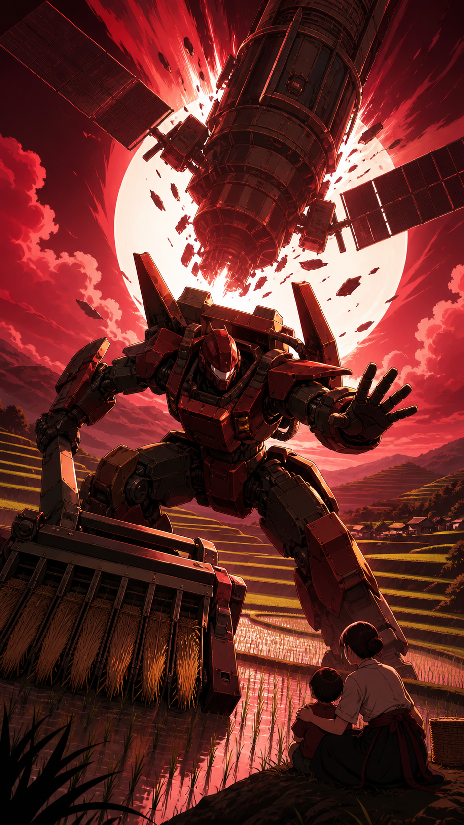 An agricultural mecha defending terraced rice fields from a falling satellite, bracing against a shockwave while protecting civilians just outside frame. Wide cinematic action tableau frozen at the clearest dramatic inst