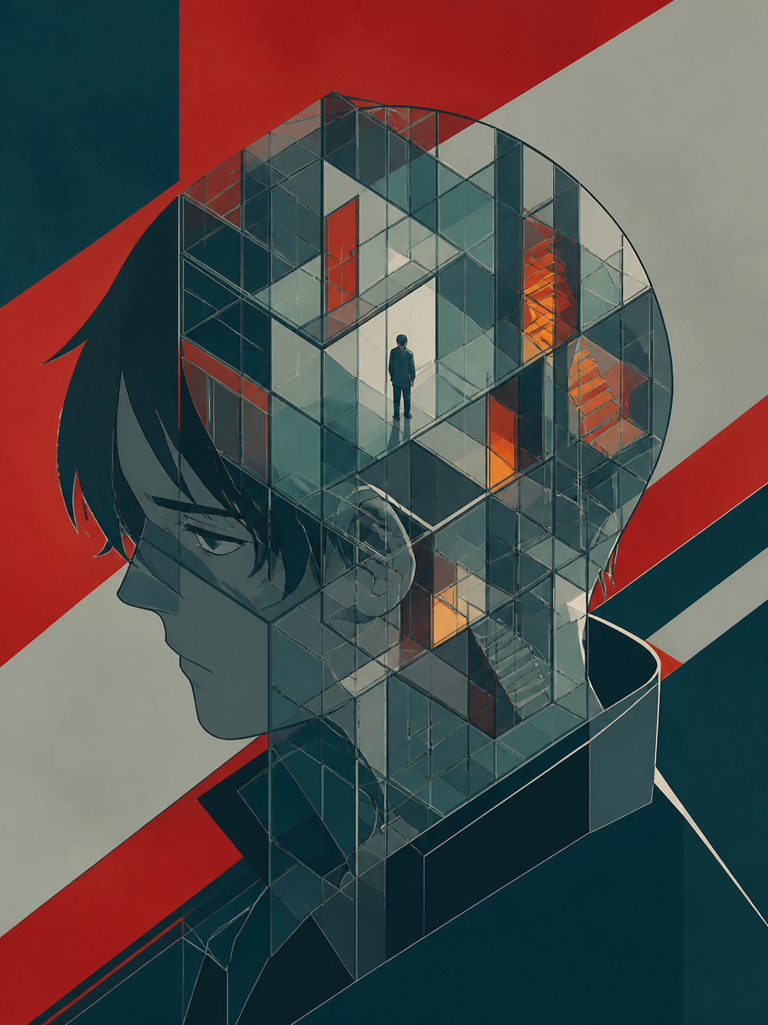 A portrait of loneliness represented as an inhabited glass maze, expressed as a visually coherent editorial artwork with no written explanation. Bold gallery-poster composition with no typography. Petrol blue, oxide red,