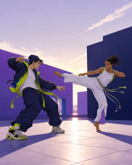 A street dancer and a capoeira fighter improvising a friendly duel, at the clearest instant before a controlled strike lands. Wide side-on frame showing both complete poses and the