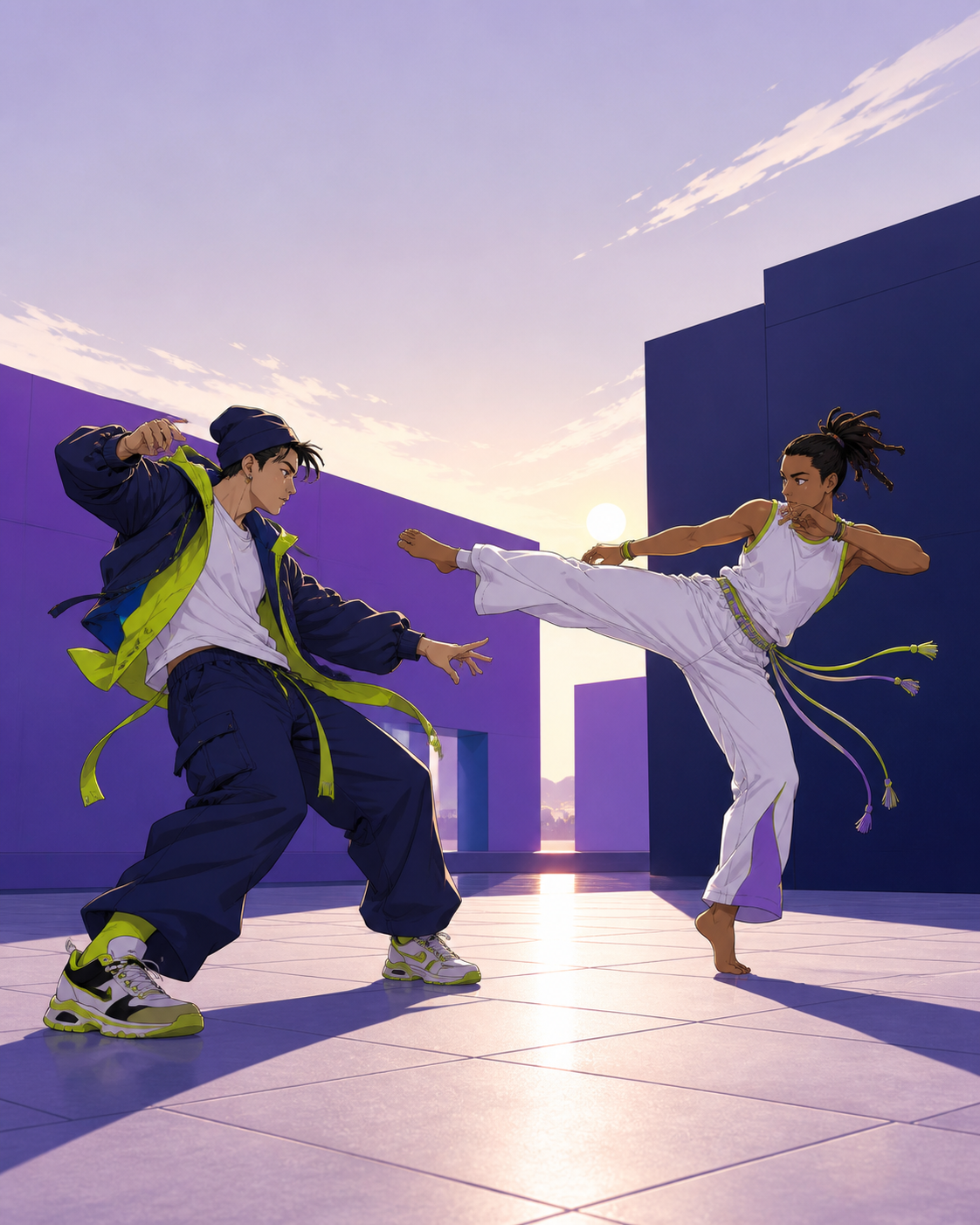 A street dancer and a capoeira fighter improvising a friendly duel, at the clearest instant before a controlled strike lands. Wide side-on frame showing both complete poses and the space between them. Acid lime, ultravio