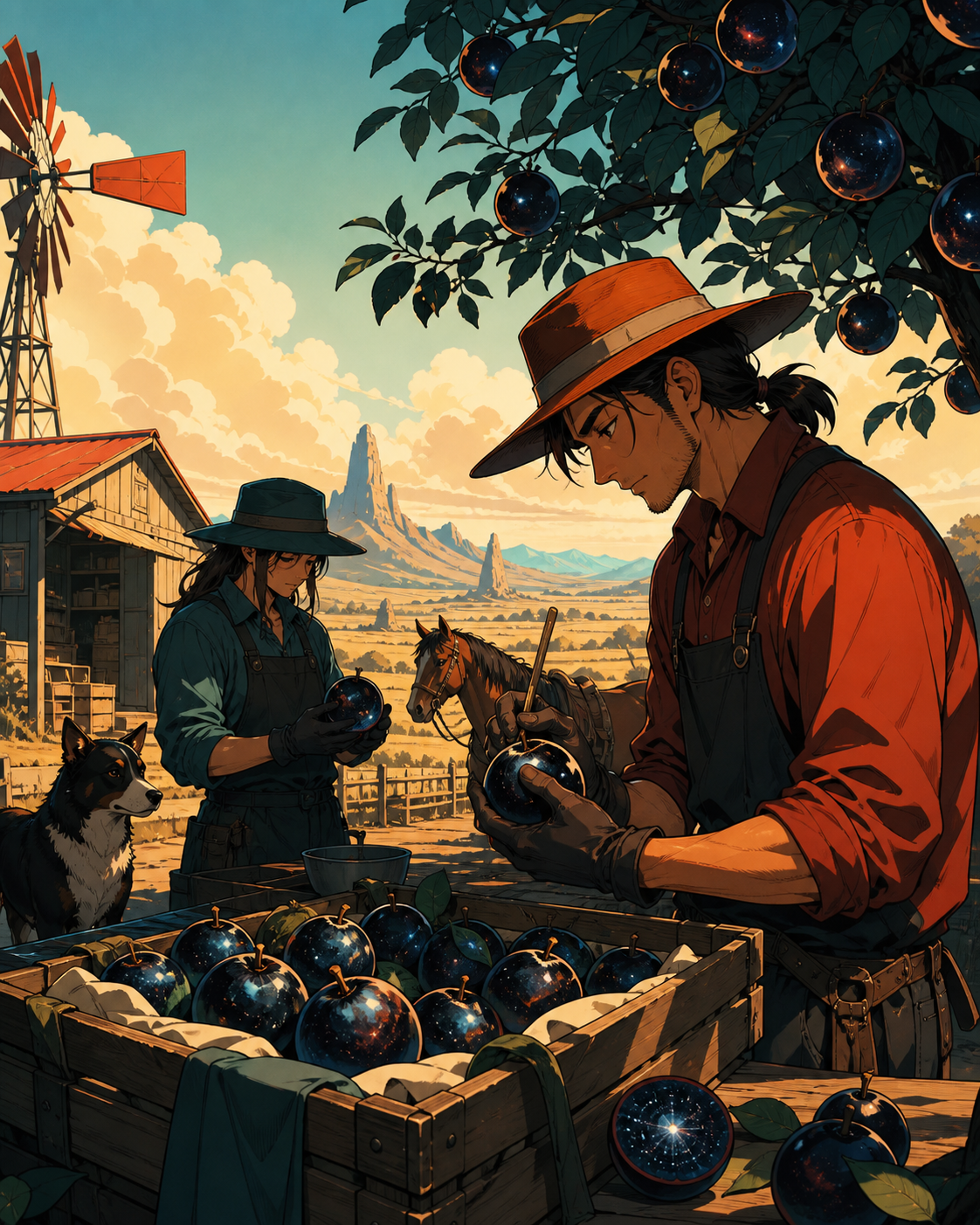 Two orchard keepers labeling fruit that contains tiny night skies, at the start of a long day in a sparsely populated landscape. Medium environmental portrait connecting one worker to their craft. Vermillion, charcoal, w