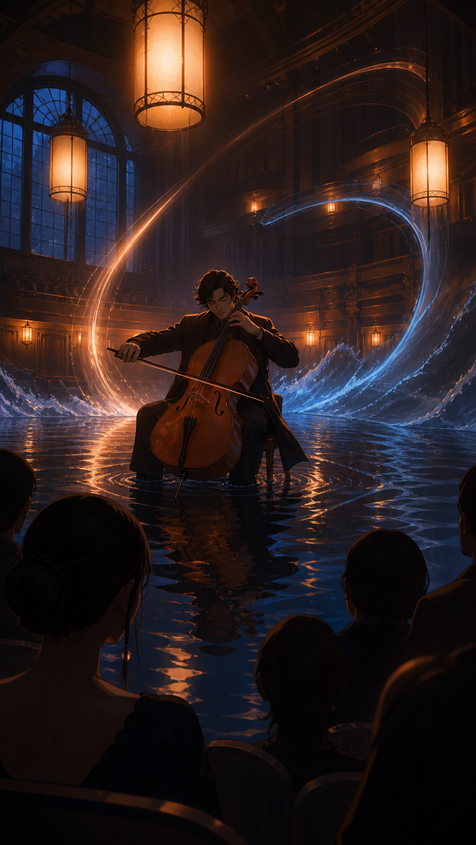 An adult cellist performing alone in a flooded concert hall, seen from within the audience as sound visibly transforms the environment. Intimate low-angle concert view with dramatic foreground silhouettes. Amber, walnut 