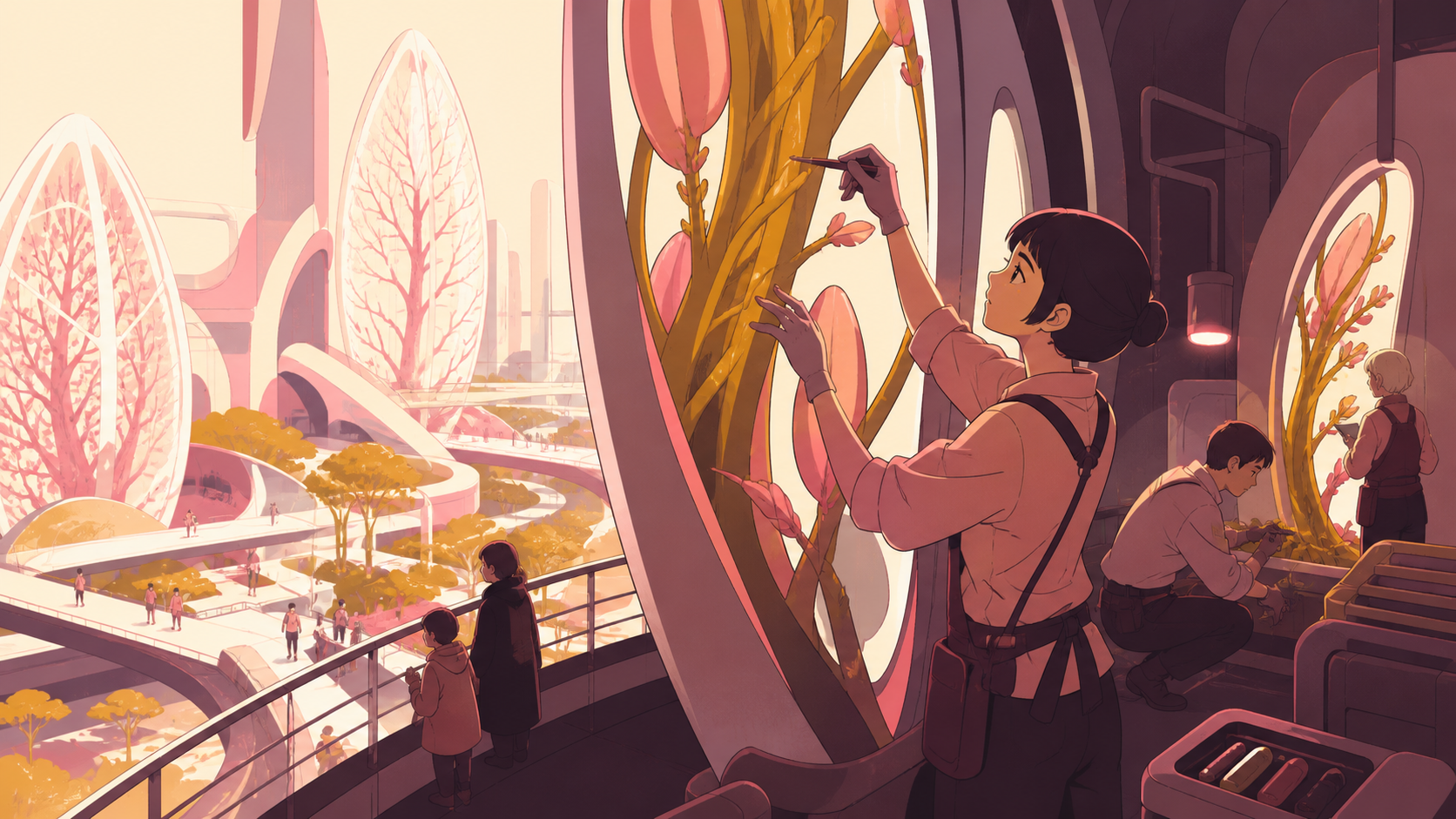 A city grown around enormous translucent seed-shaped towers, during normal public life with biological technology clearly serving people. Close maintenance scene revealing the living system at human scale. Muted rose, pa