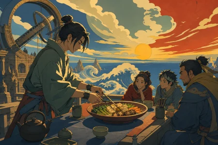 A traveling tea master setting a table at the edge of an ancient observatory, as one simple shared meal brings unfamiliar people together. Counter-side view with the cook and one m