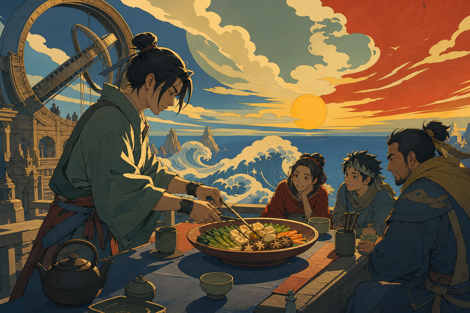 A traveling tea master setting a table at the edge of an ancient observatory, as one simple shared meal brings unfamiliar people together. Counter-side view with the cook and one memorable dish as dual focal points. Clay