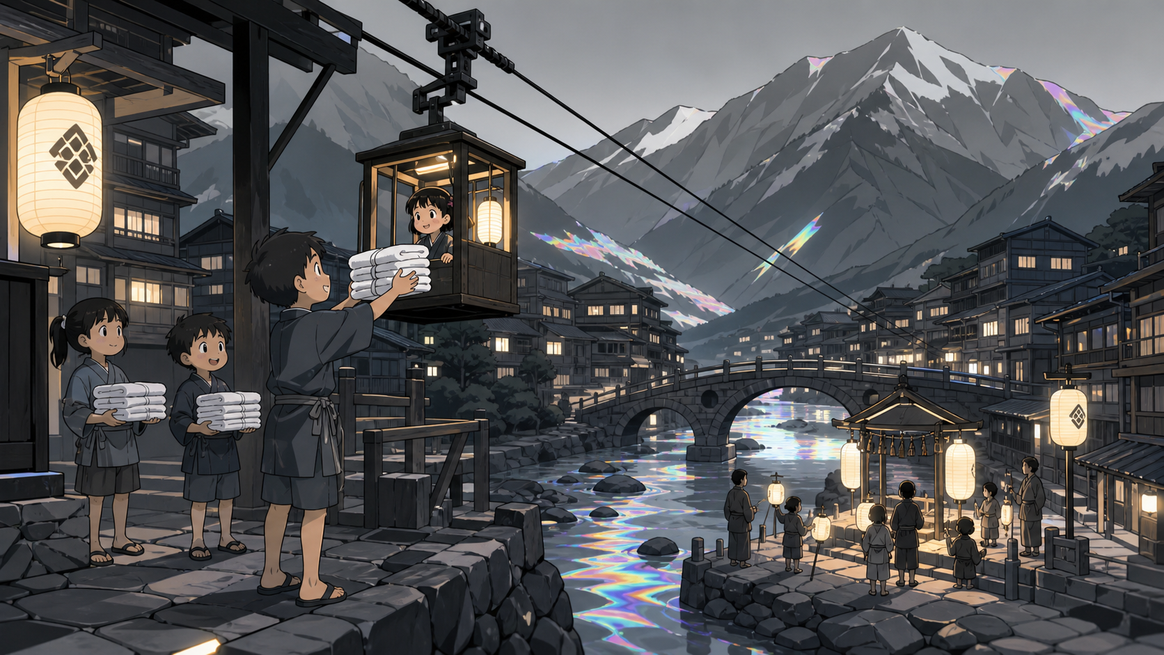Local children delivering folded towels by tiny cable car, as a small seasonal ceremony begins beside the river. Wide mountain-town establishing shot balanced by a small family group. Monochrome graphite with selective h
