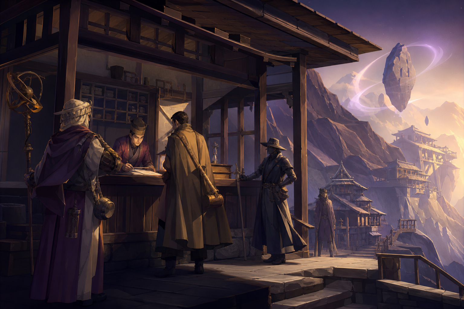 A mountain postal station serving travelers from several impossible centuries, grounded in convincing period materials with one restrained supernatural event. Painterly historical scene centered on work, place, and atmos