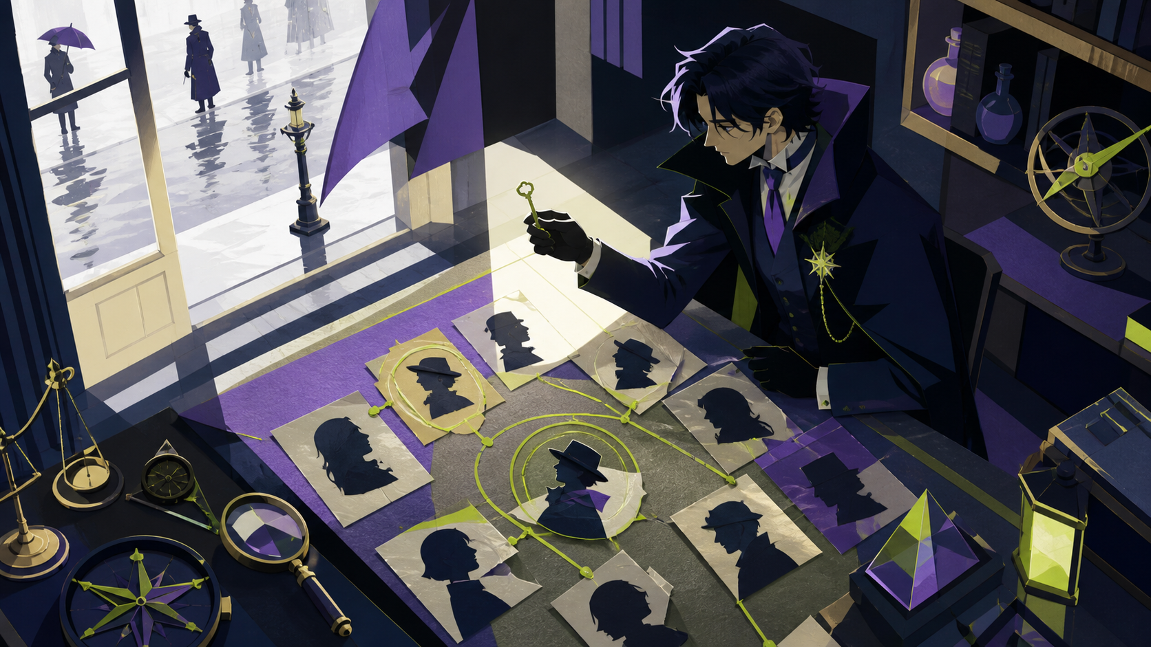 A forensic magician cataloging shadows that belong to missing people, at the turning point where one overlooked object solves half the mystery. Graphic high-angle investigation tableau with clues forming a visual path. A