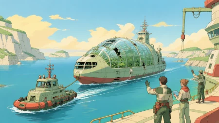 A small space tug guiding a damaged greenhouse ship toward safety, during the steady practical work after the immediate danger has passed. Wide operational scene with a clear route