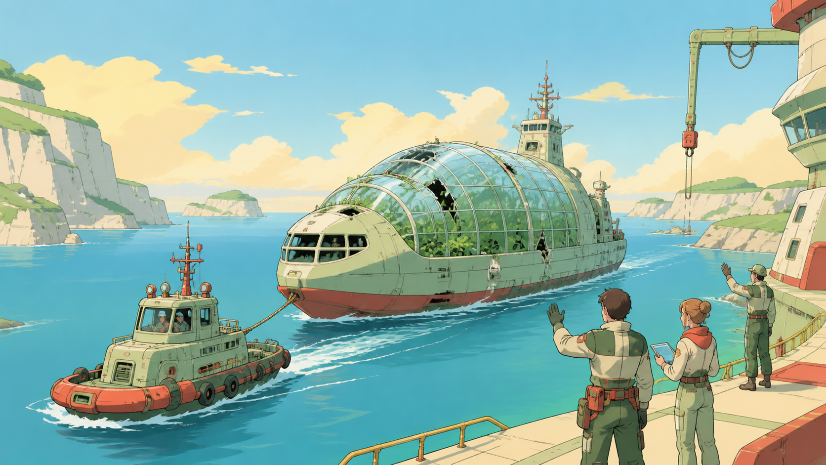 A small space tug guiding a damaged greenhouse ship toward safety, during the steady practical work after the immediate danger has passed. Wide operational scene with a clear route from danger toward safety. Soft pistach