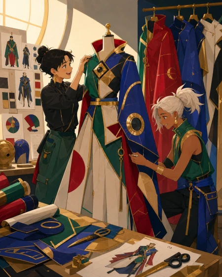 Two adult stylists assembling an avant-garde look from reclaimed spacecraft fabric, inside a clean studio where every garment has a distinct silhouette. Backstage ensemble scene or