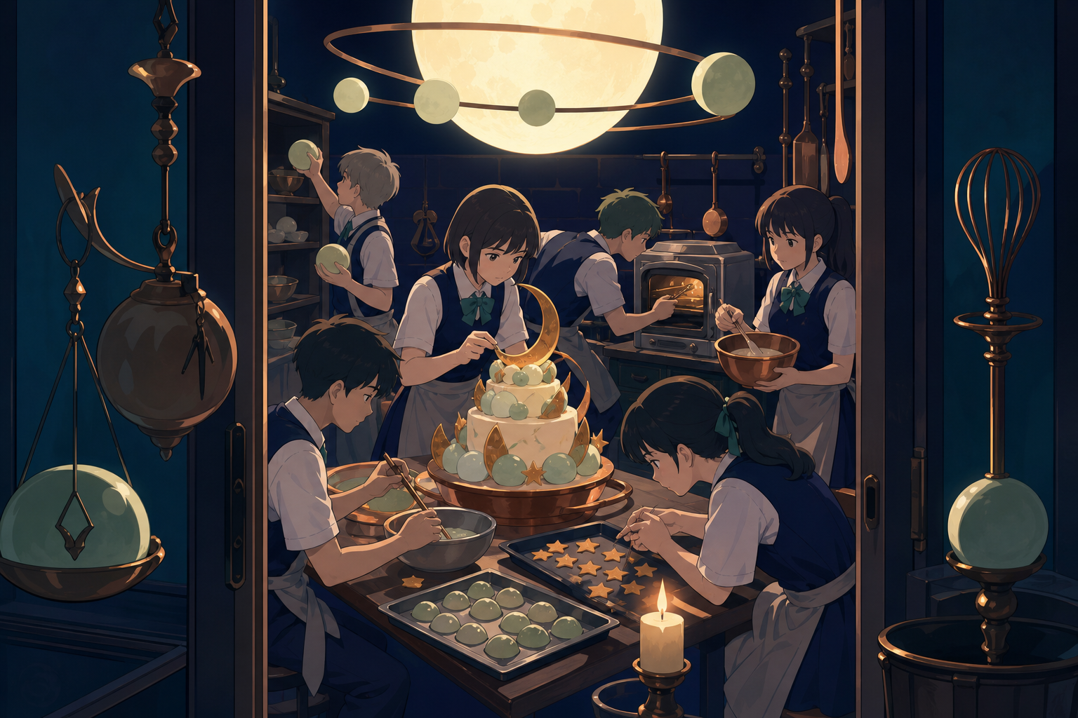 A cooking club attempting an elaborate dessert with one tiny oven, during organized chaos where every member has a clear task. Doorway-framed candid scene with several small connected moments. Moonlit indigo, oxidized co