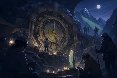 A mountain excavation revealing a ceremonial machine still keeping time, as a familiar artifact appears in an impossible historical context. Wide site view showing the relationship