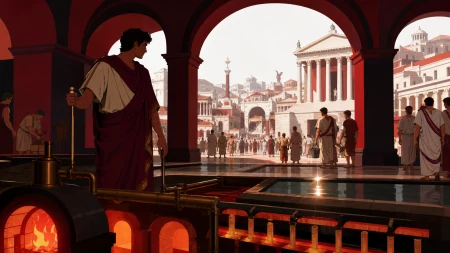A bathhouse architect testing an ingenious heating system, during the busiest hour of a vast ancient metropolis. Street-height panorama looking through arches toward the civic cent