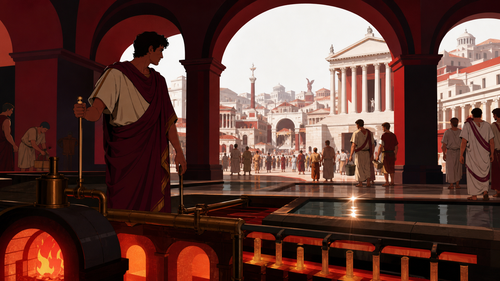 A bathhouse architect testing an ingenious heating system, during the busiest hour of a vast ancient metropolis. Street-height panorama looking through arches toward the civic center. Crimson, black cherry, muted bronze,