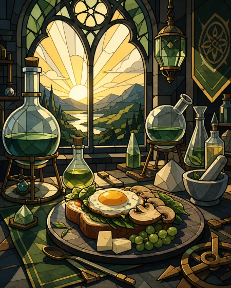 A traveling alchemist's breakfast arranged among curious glass instruments, presented moments before someone takes the first bite. Carefully composed tabletop still life viewed sli