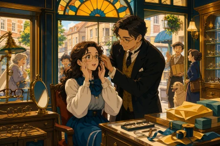 An adult optician fitting spectacles that reveal overlooked kindness, shown as a warm neighborhood business rather than a grand magical institution. Inviting storefront-wide scene 