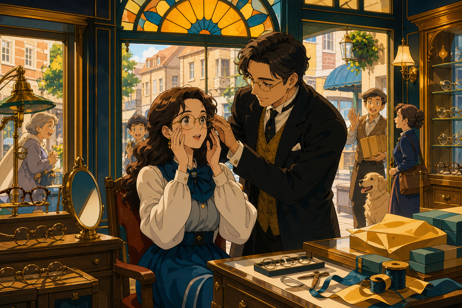 An adult optician fitting spectacles that reveal overlooked kindness, shown as a warm neighborhood business rather than a grand magical institution. Inviting storefront-wide scene centered on one customer exchange. Saffr